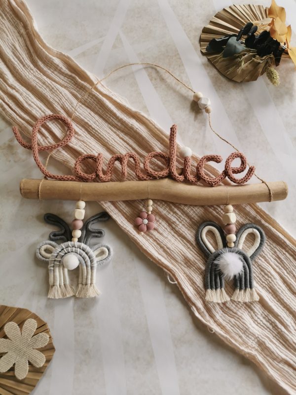 Prénom tricotin animaux macramé sur bois flotté – Image 4