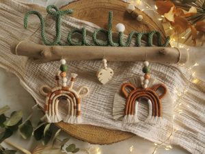 Prénom tricotin animaux macramé sur bois flotté