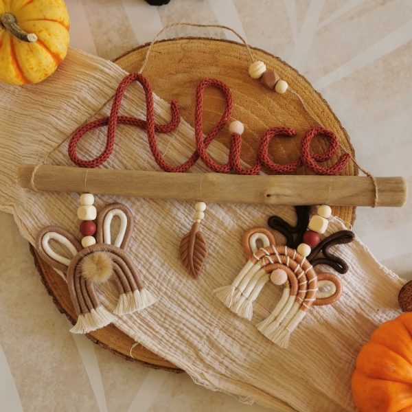 Prénom tricotin animaux macramé sur bois flotté – Image 4