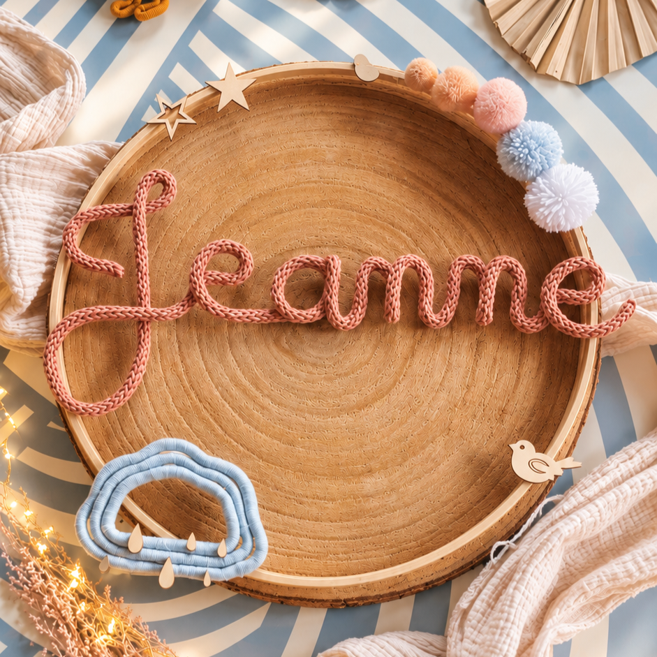 Couronne prénom tricotin avec animaux en macramé pour chambre bébé