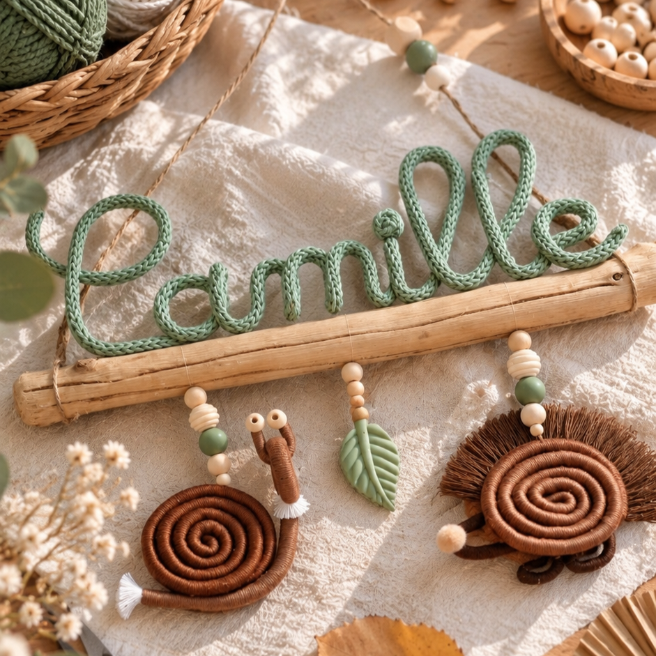 Prénom tricotin animaux macramé sur bois flotté – Image 11