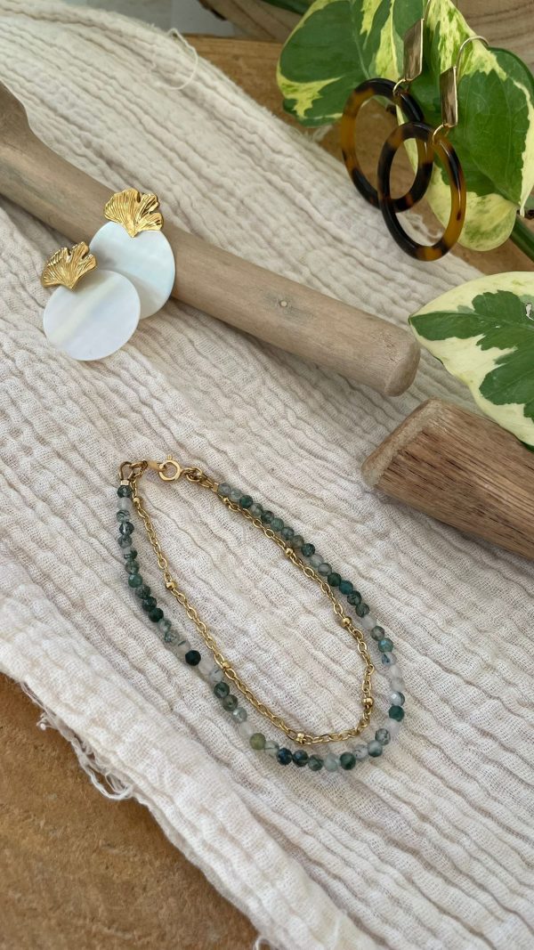 Bracelet 2 rangs perles vertes et chaîne dorée – Image 4
