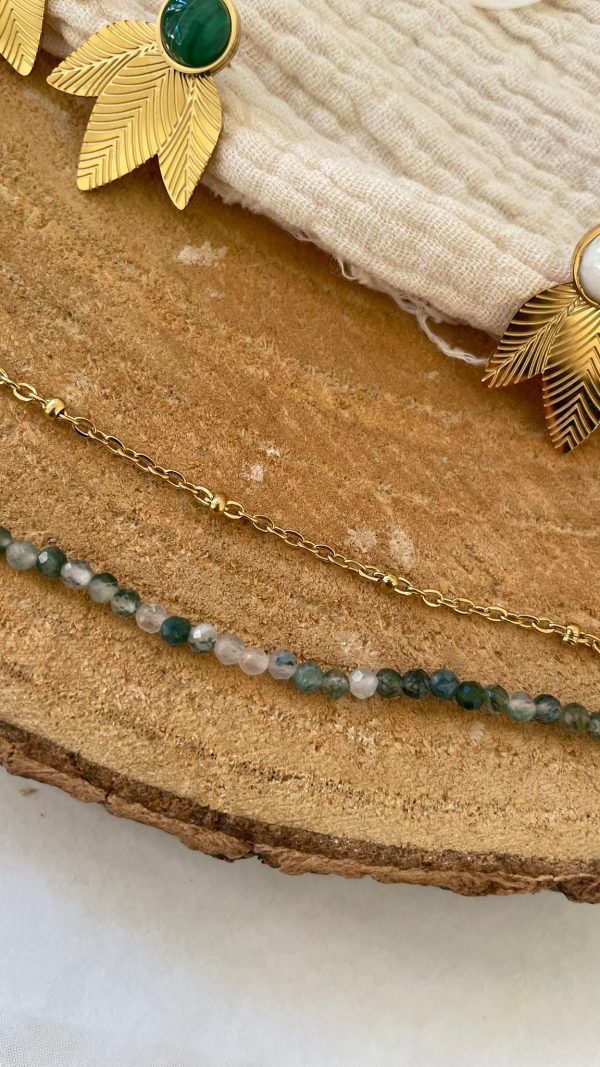 Bracelet 2 rangs perles vertes et chaîne dorée – Image 6