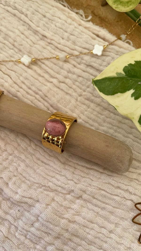 Bague large acier inoxydable et pierre rose