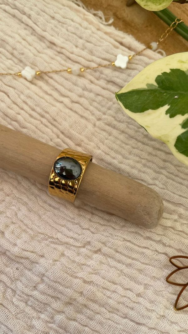 Bague large acier inoxydable et pierre noire