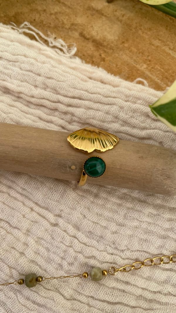 Bague feuille et pierre vert foncé