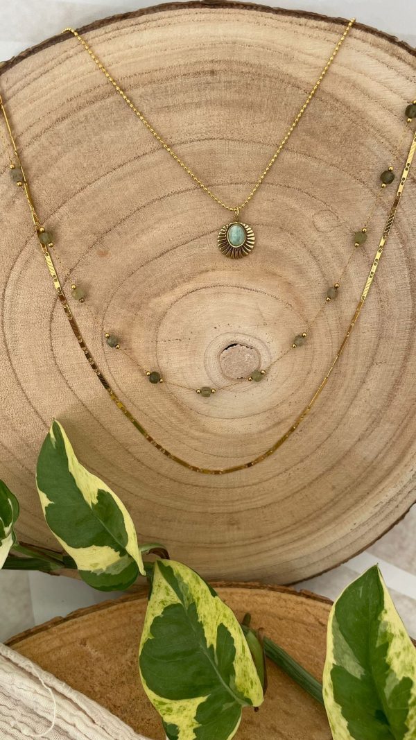Collier 2 rangs chaîne perles vertes et chaîne plate – Image 3