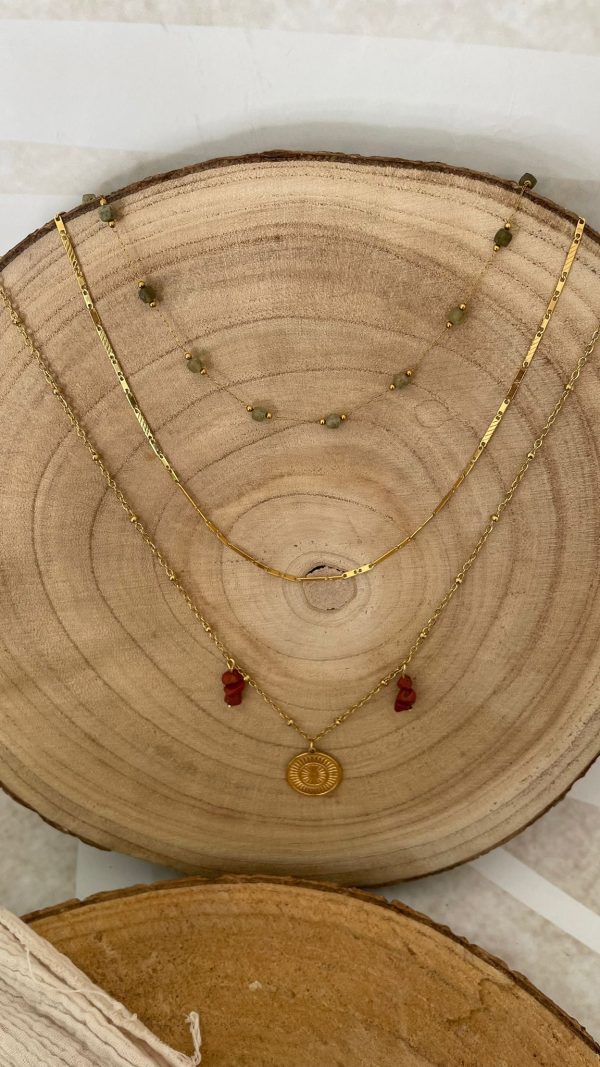 Collier 2 rangs chaîne perles vertes et chaîne plate – Image 6