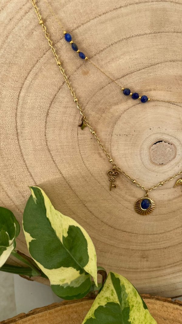 Collier 2 rangs doré et bleu – Image 3