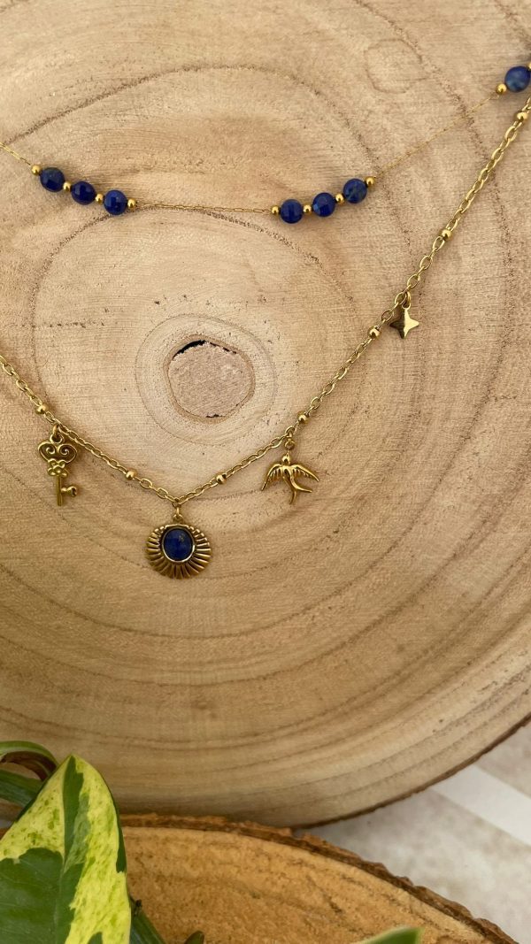Collier 2 rangs doré et bleu – Image 4