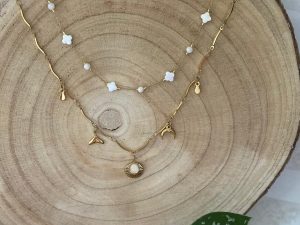 Collier tendance féminin 2 rangs blanc et doré