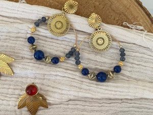 Boucles d'oreilles clou dorées et bleues