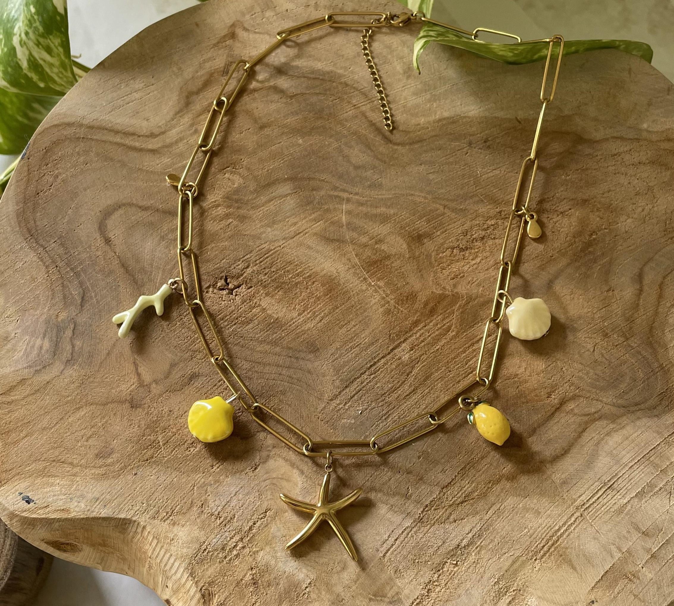 Collier acier inoxydable doré charms jaune citron