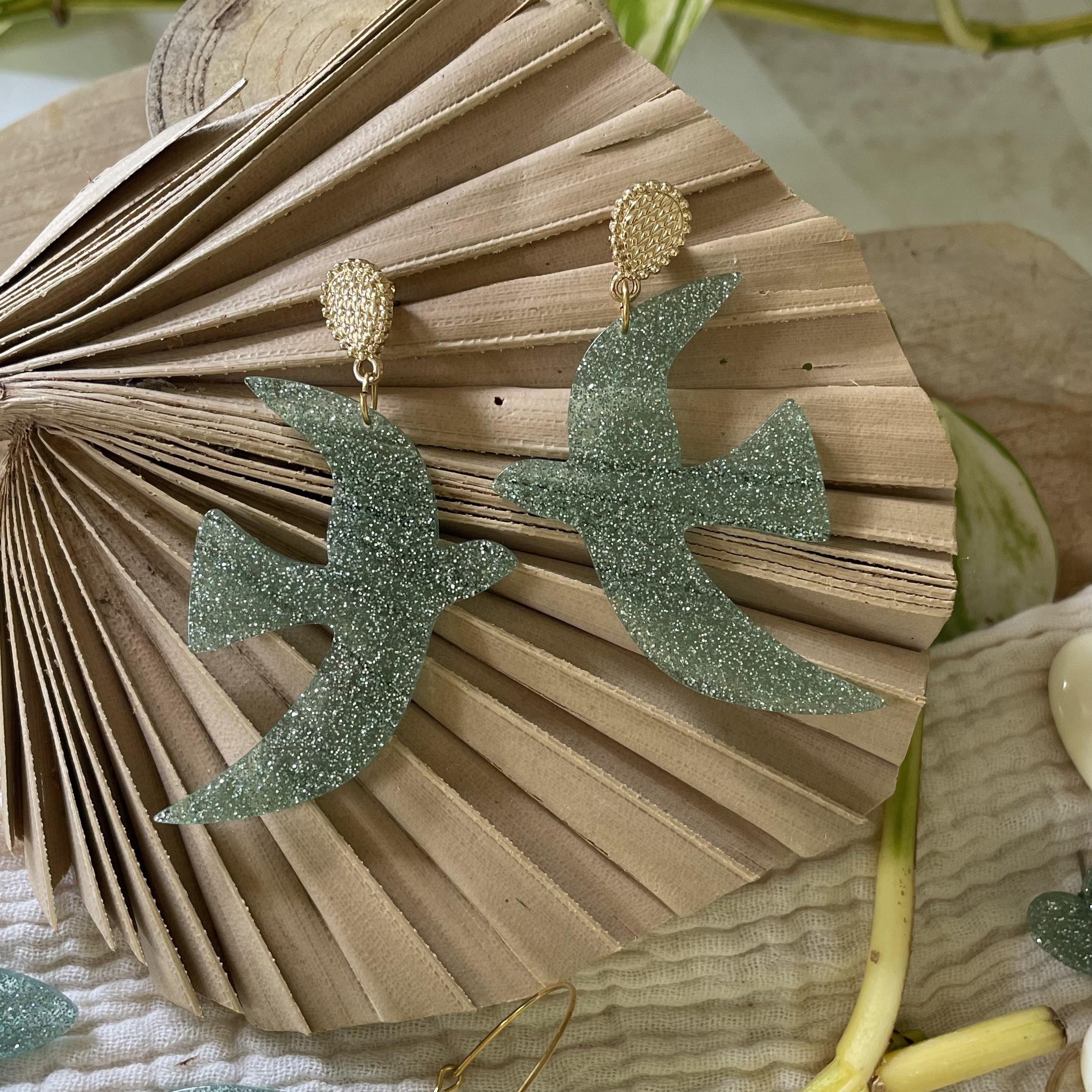 Boucles d'oreilles oiseau vert d'eau pailleté